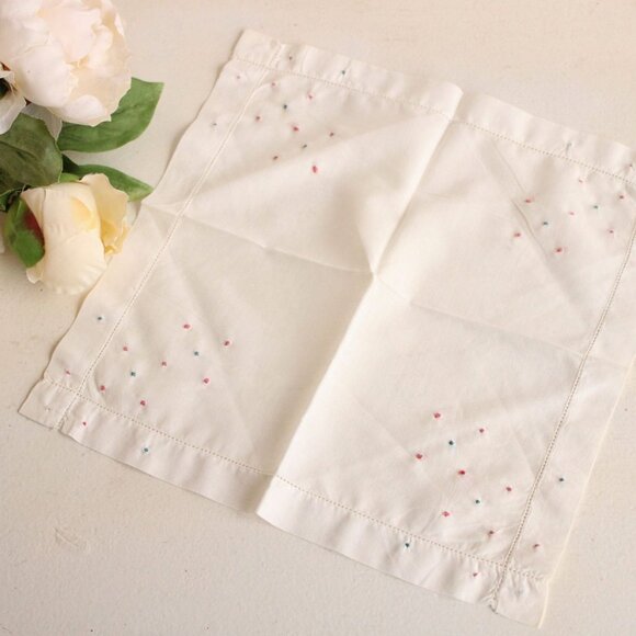 Vintage Handkerchief, White Linen with Pink and Blue Swiss Dots Embroidered - Picture 1 of 10